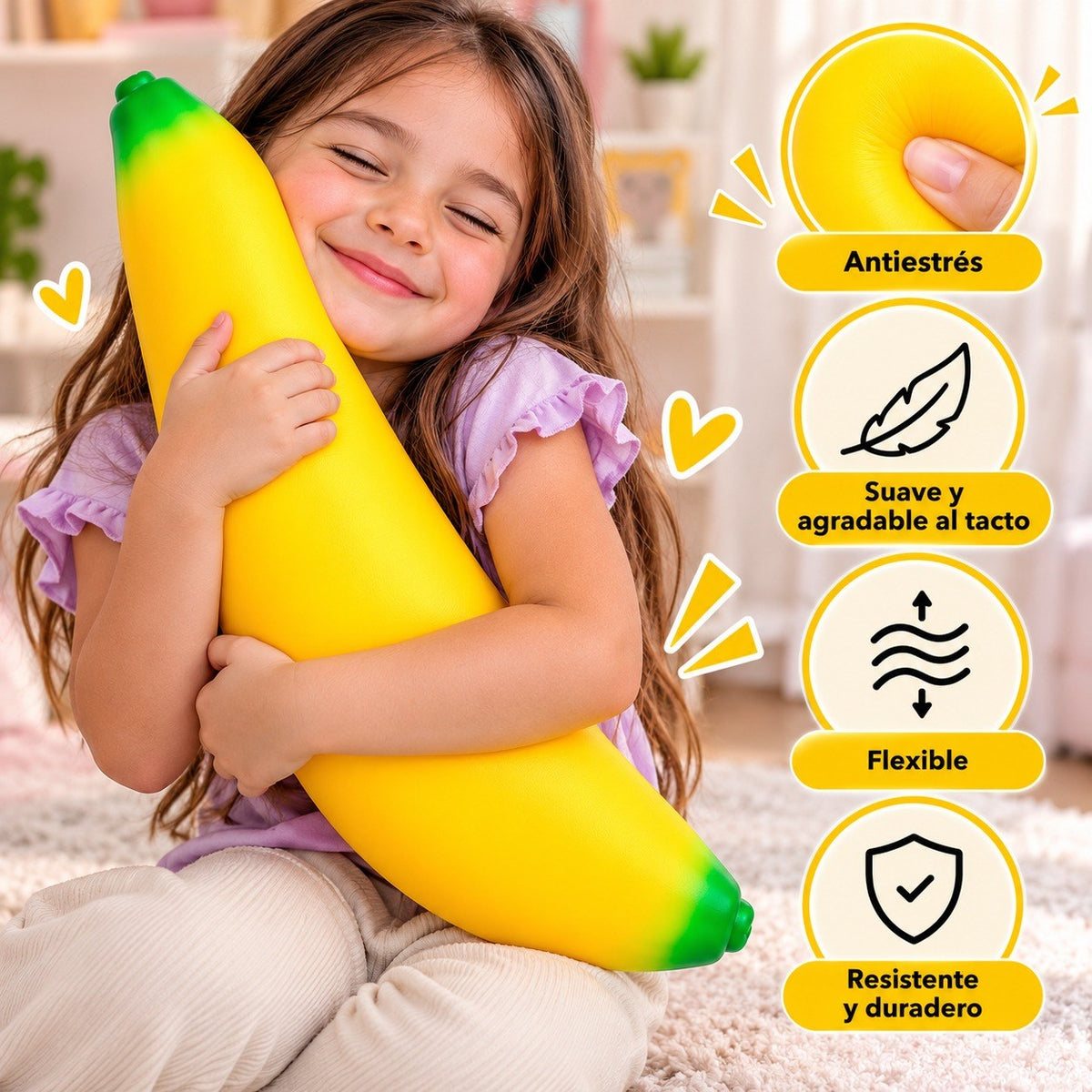 Niña abrazando el banano gigante squishy