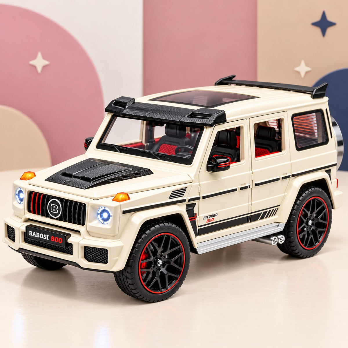 Camioneta Todoterreno de Colección 24 cm, blanco crema con faros encendidos