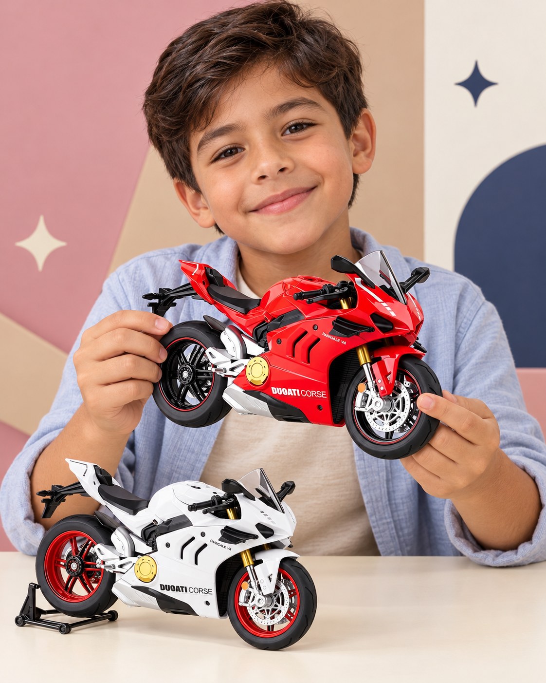 Niño jugando con las dos Motos Deportivas de Colección, roja y blanca
