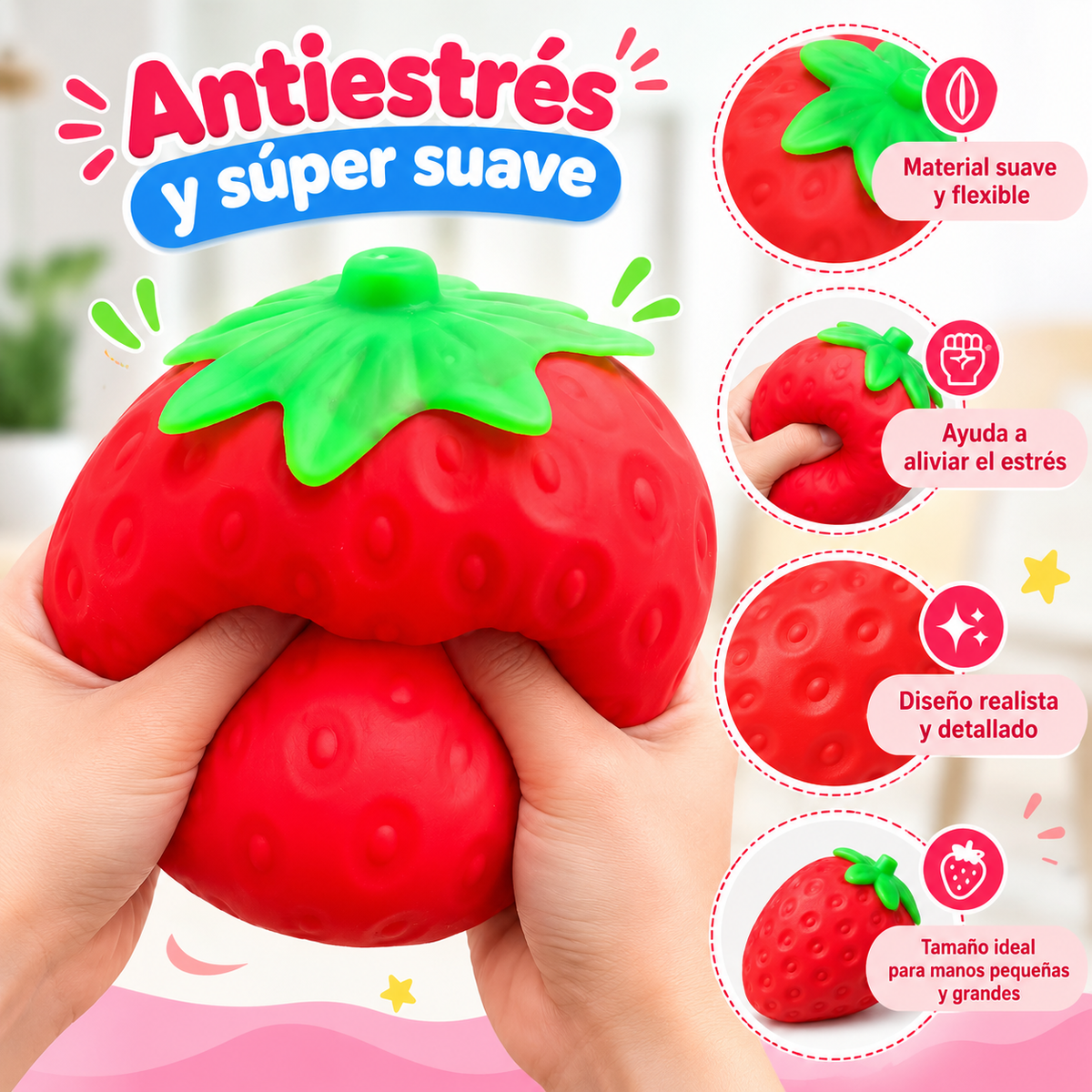 Manos apretando la Fresa Gigante Squishy, antiestrés y súper suave