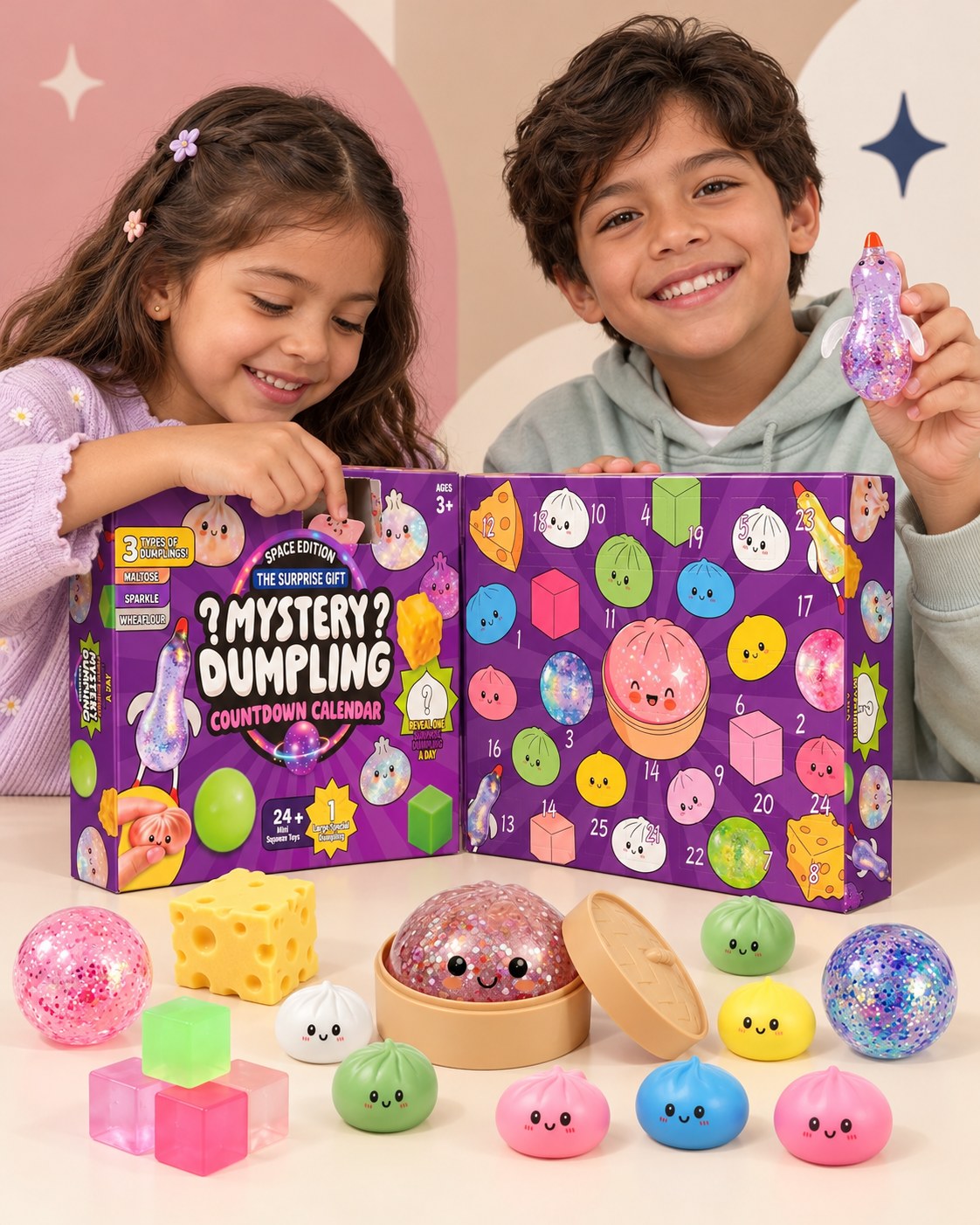 Dos niños abriendo el Calendario de Adviento Mystery Dumpling