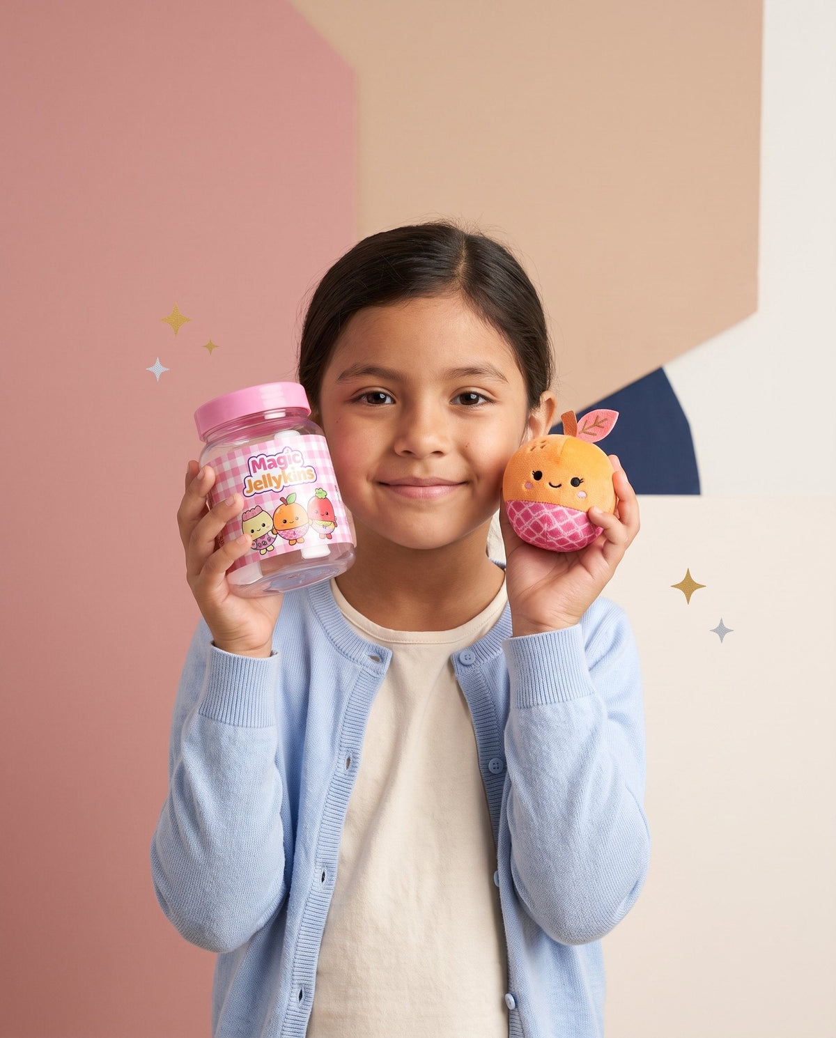 Niña mostrando el frasco de Magic Jellykins y su peluche