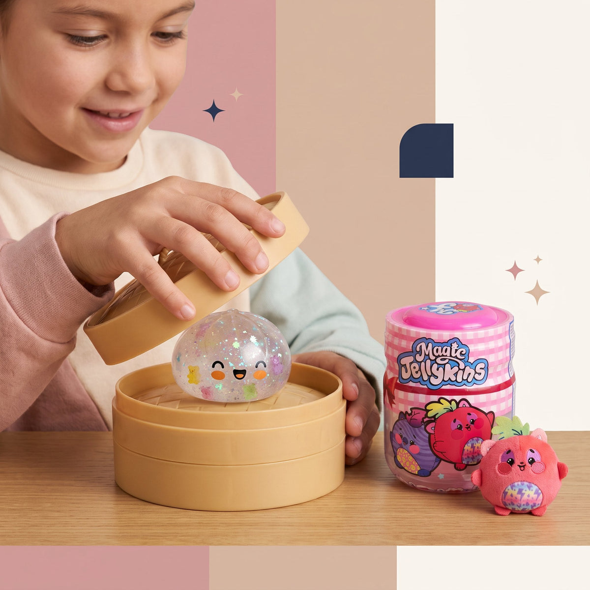 Manos abriendo la cestica del Dumpling junto al frasco Magic Jellykins
