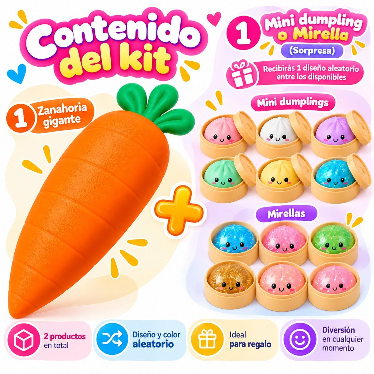 Contenido del kit: zanahoria y un mini dumpling o mirella sorpresa