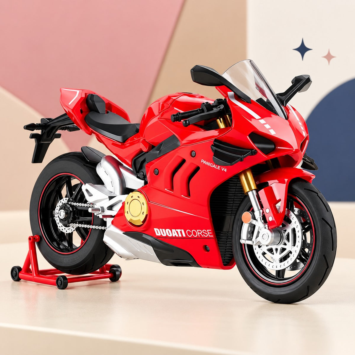 Moto Deportiva de Colección roja en su soporte