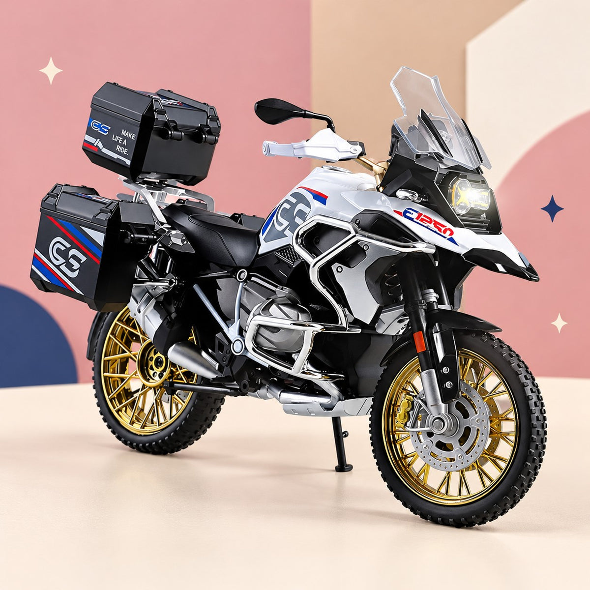Moto de Aventura de Colección 21 cm con maletas, blanca con franjas azul y roja