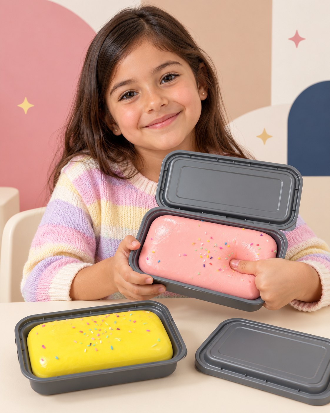 Niña apretando el Pastel Squishy de fresa